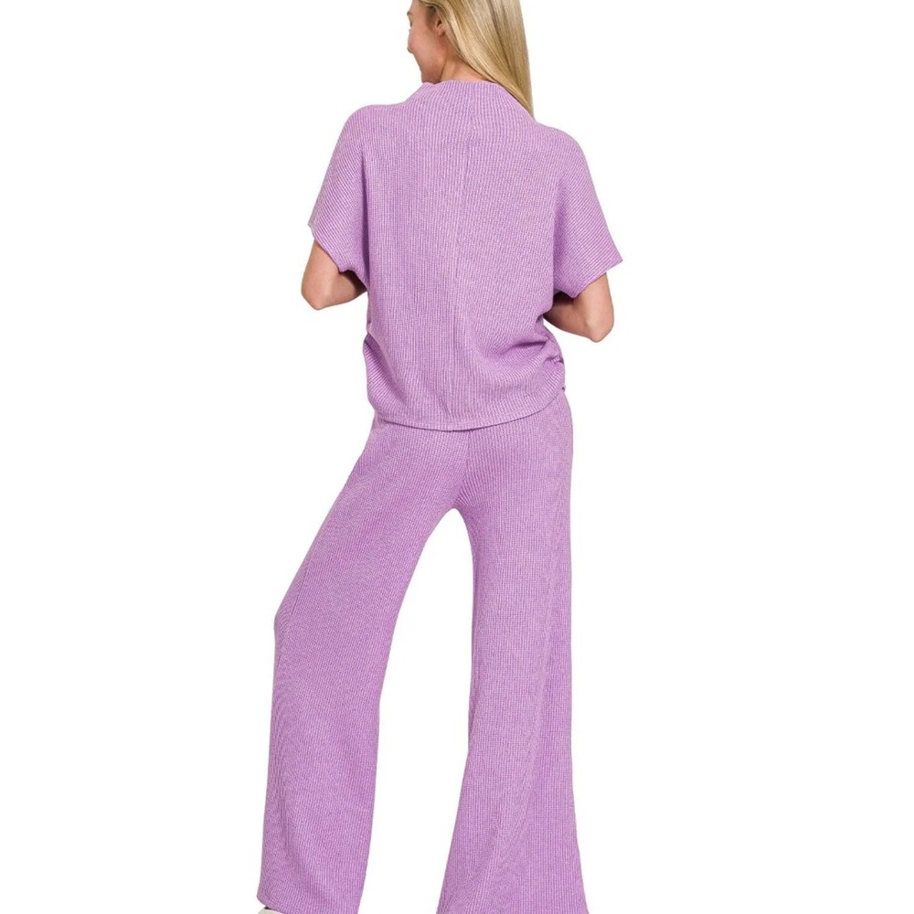 Zenana Womens Purple Waffle Knit 2 Piece Set Mock Neck Top Wide Leg Pants Small - Picture 2 of 15